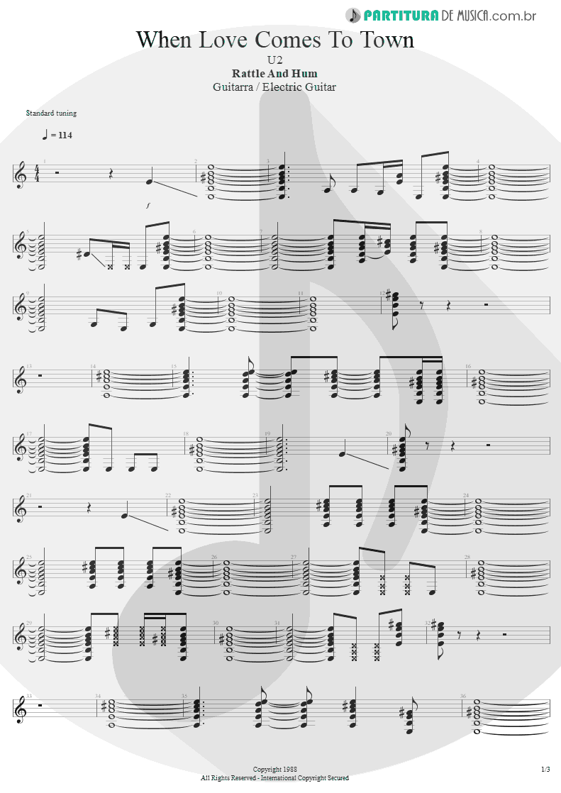 Partitura de musica de Guitarra Elétrica - When Love Comes To Town | U2 | Rattle and Hum 1988 - pag 1