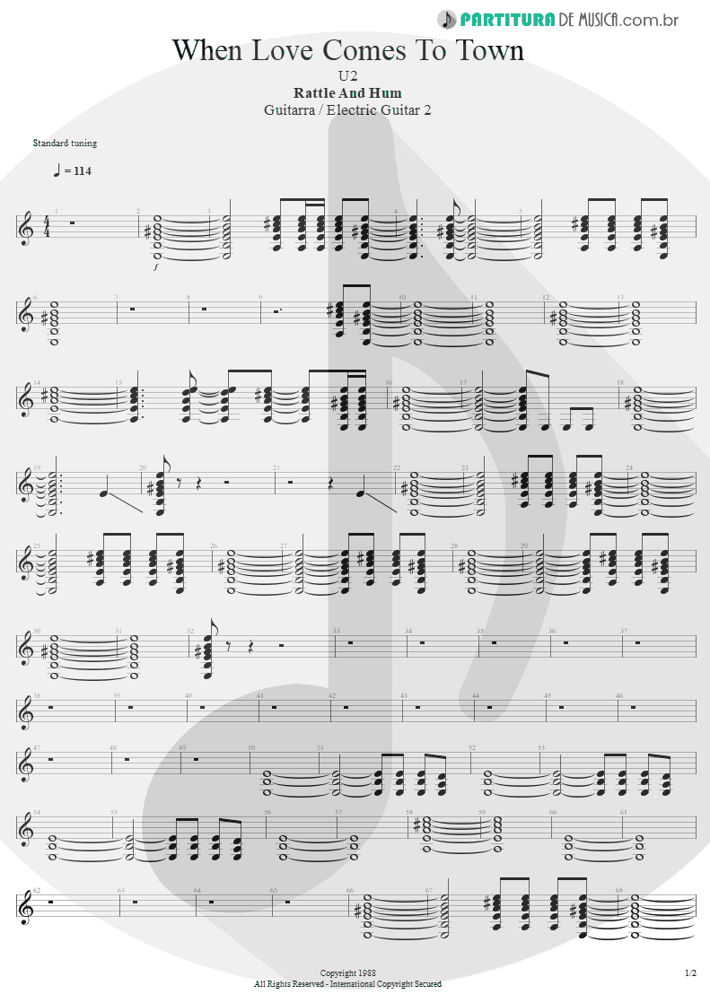 Partitura de musica de Guitarra Elétrica - When Love Comes To Town | U2 | Rattle and Hum 1988 - pag 1