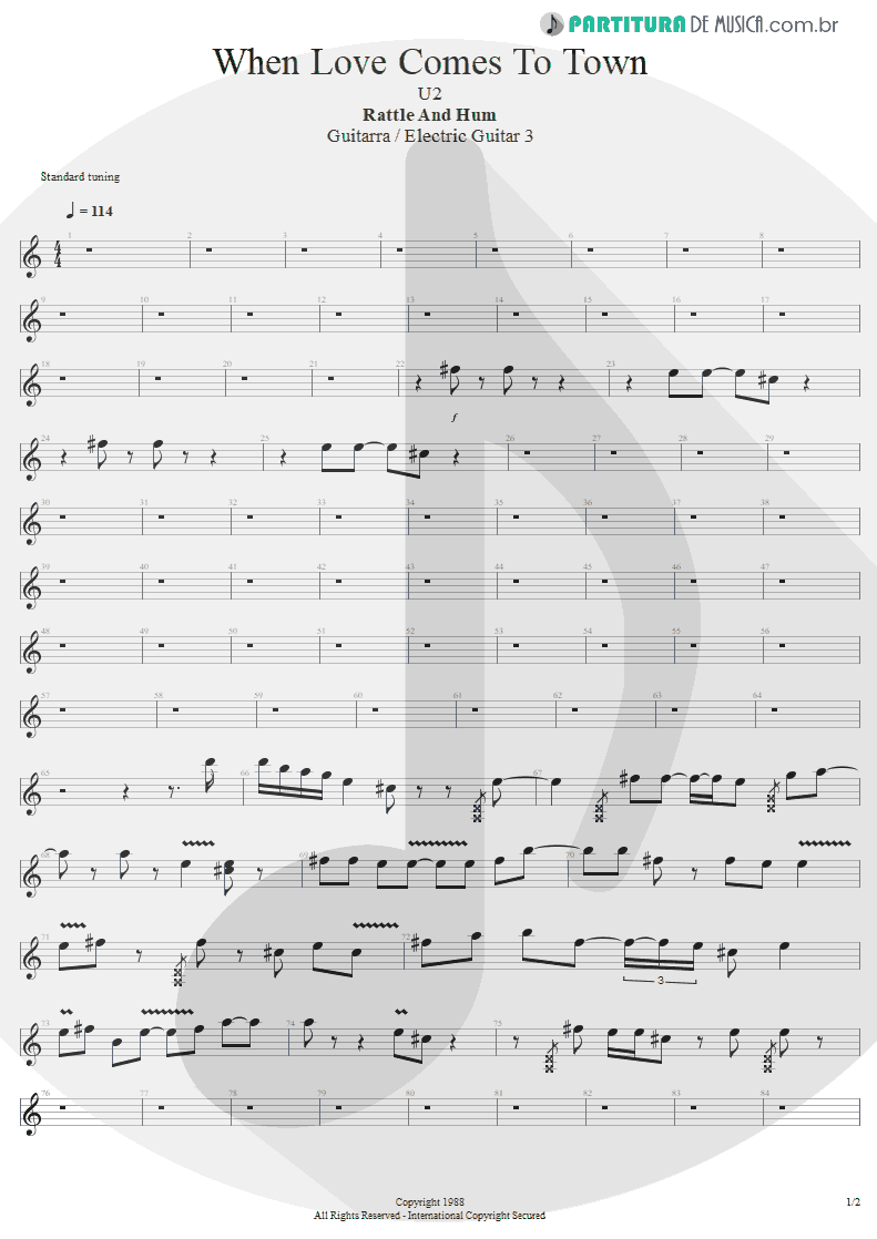 Partitura de musica de Guitarra Elétrica - When Love Comes To Town | U2 | Rattle and Hum 1988 - pag 1