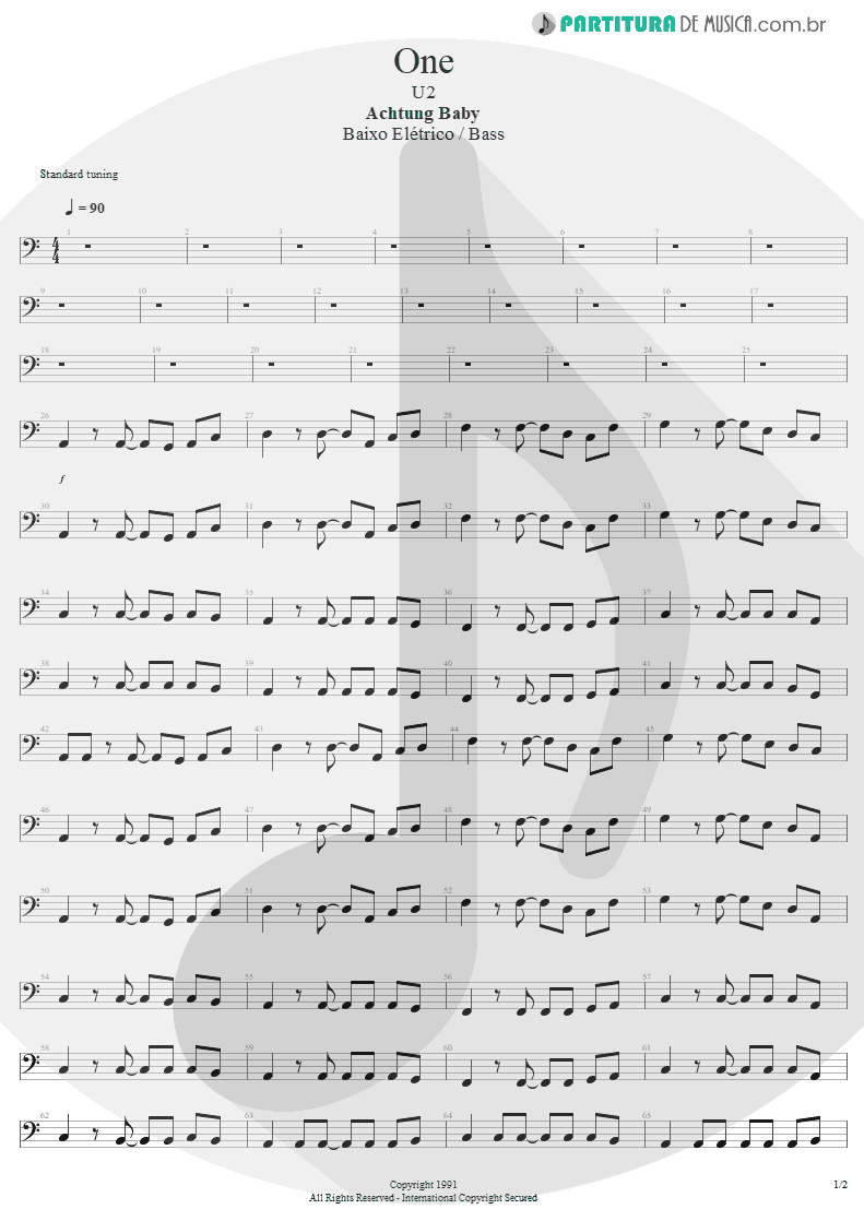 Partitura de musica de Baixo Elétrico - One | U2 | Achtung Baby 1991 - pag 1