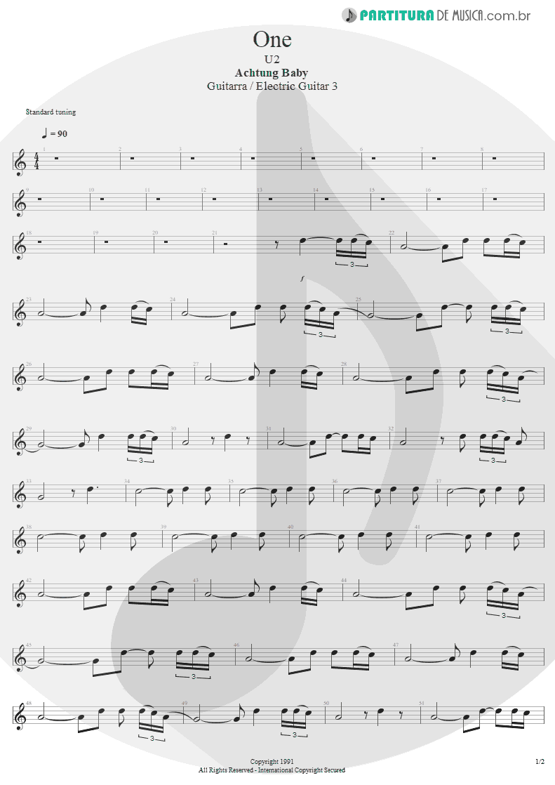 Partitura de musica de Guitarra Elétrica - One | U2 | Achtung Baby 1991 - pag 1