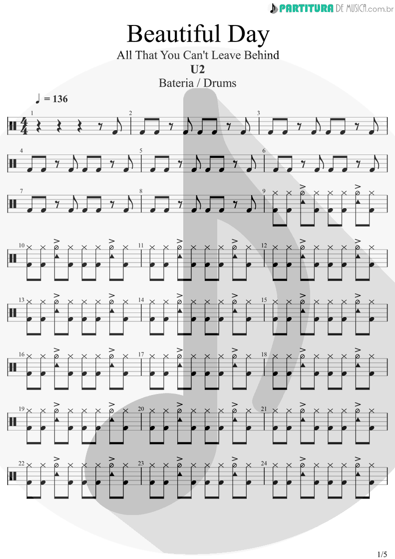 Partitura de musica de Bateria - Beautiful Day | U2 | All That You Can't Leave Behind 2000 - pag 1