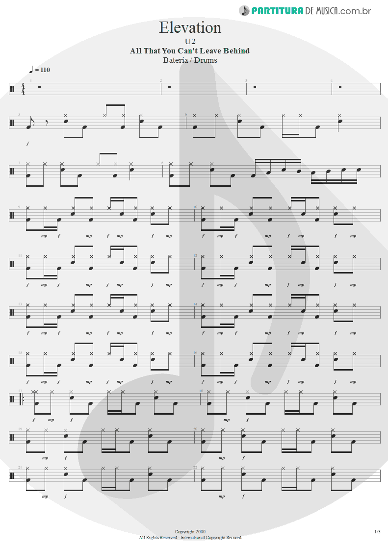 Partitura de musica de Bateria - Elevation | U2 | All That You Can't Leave Behind 2000 - pag 1