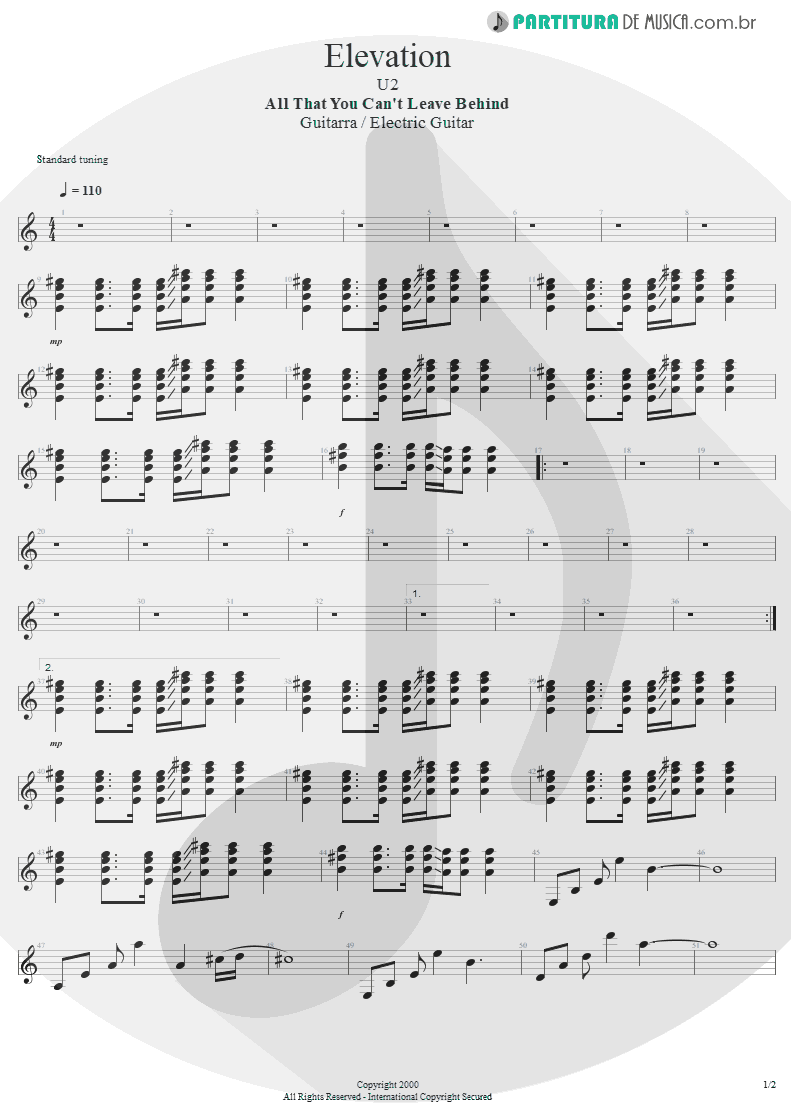 Partitura de musica de Guitarra Elétrica - Elevation | U2 | All That You Can't Leave Behind 2000 - pag 1