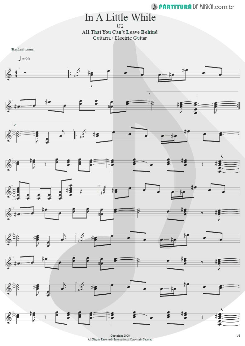 Partitura de musica de Guitarra Elétrica - In A Little While | U2 | All That You Can't Leave Behind 2000 - pag 1