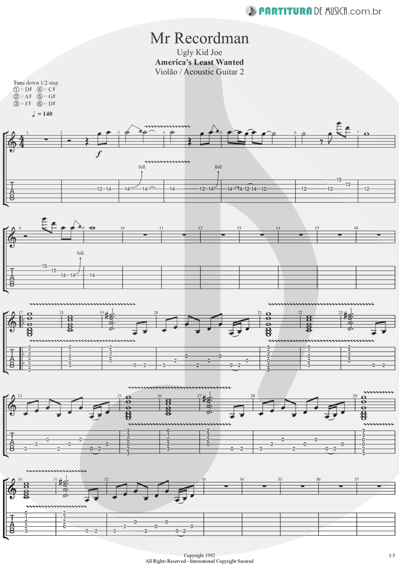 Tablatura + Partitura de musica de Violão - Mr. Recordman | Ugly Kid Joe | America's Least Wanted 1992 - pag 1