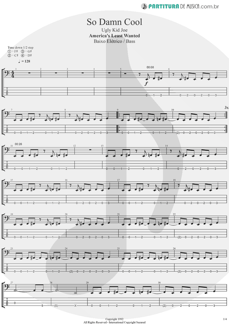 Tablatura + Partitura de musica de Baixo Elétrico - So Damn Cool | Ugly Kid Joe | America's Least Wanted 1992 - pag 1