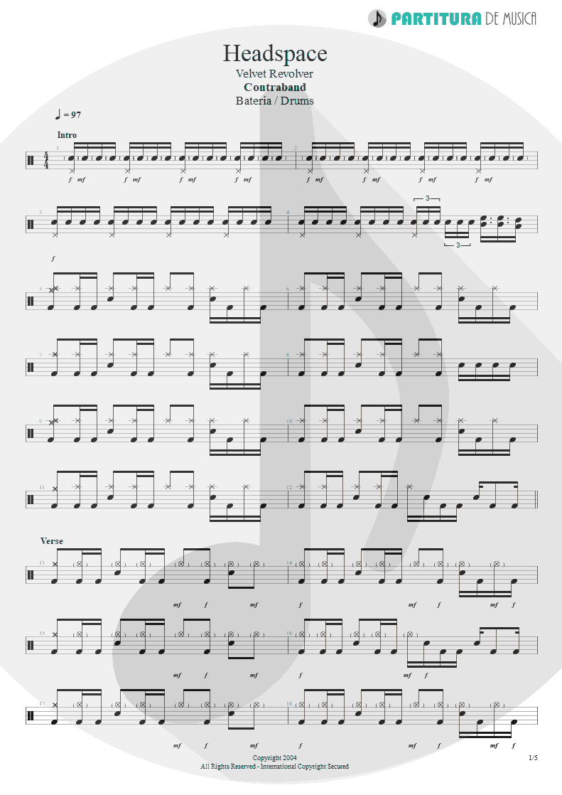 Partitura de musica de Bateria - Headspace | Velvet Revolver | Contraband 2004 - pag 1