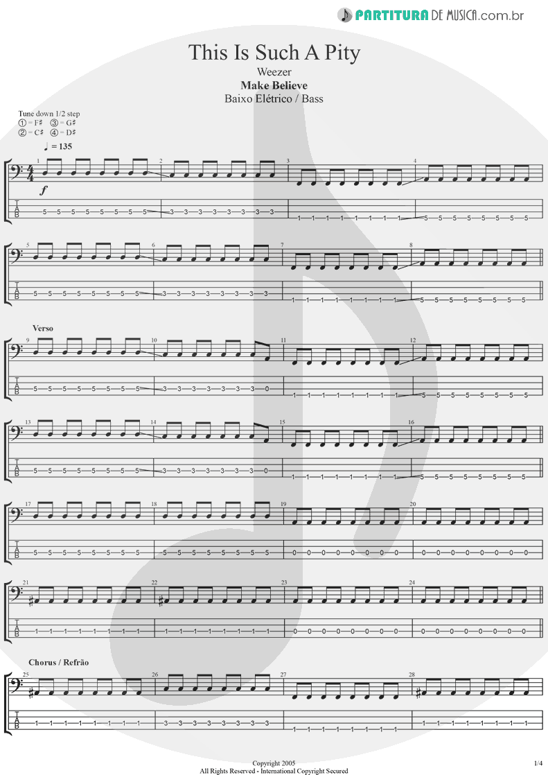 Tablatura + Partitura de musica de Baixo Elétrico - This Is Such A Pity | Weezer | Make Believe 2005 - pag 1