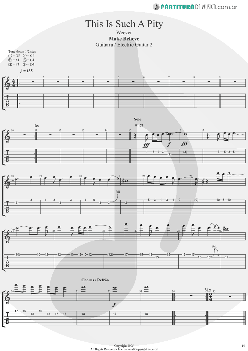 Tablatura + Partitura de musica de Guitarra Elétrica - This Is Such A Pity | Weezer | Make Believe 2005 - pag 1