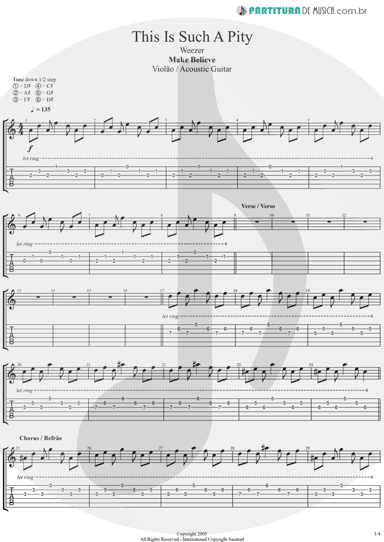 Tablatura + Partitura de musica de Violão - This Is Such A Pity | Weezer | Make Believe 2005 - pag 1