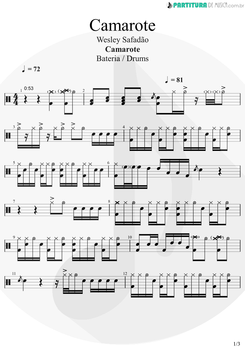 Partitura de musica de Bateria - Camarote | Wesley Safadão | Camarote 2015 - pag 1