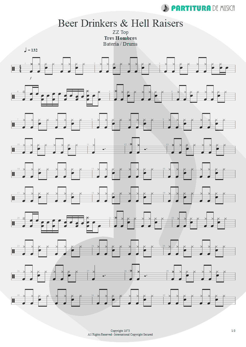 Partitura de musica de Bateria - Beer Drinkers & Hell Raisers | ZZ Top | Tres Hombres 1973 - pag 1