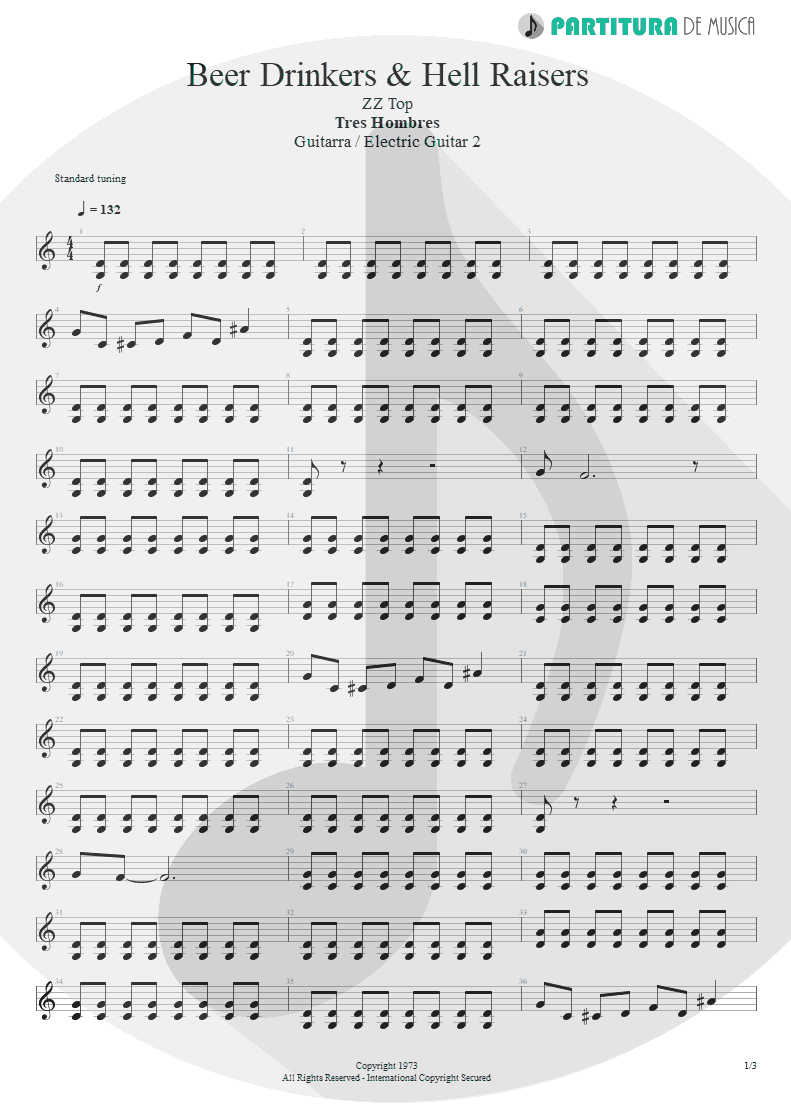 Partitura de musica de Guitarra Elétrica - Beer Drinkers & Hell Raisers | ZZ Top | Tres Hombres 1973 - pag 1