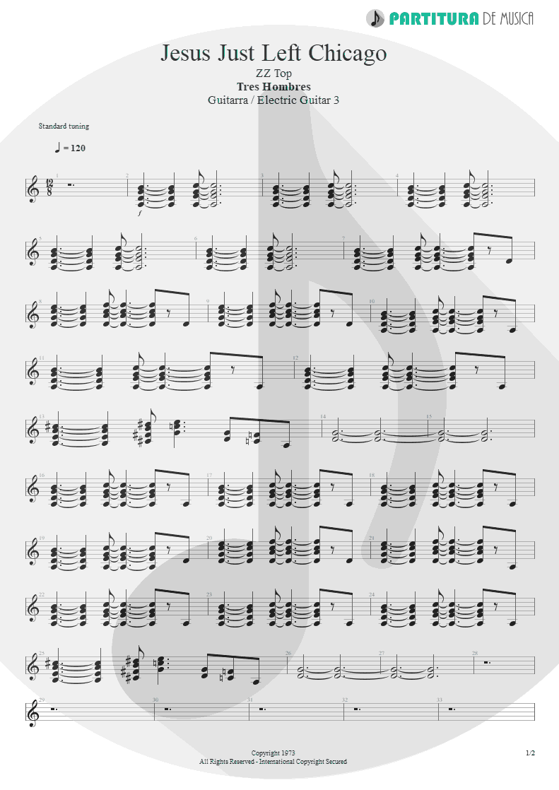 Partitura de musica de Guitarra Elétrica - Jesus Just Left Chicago | ZZ Top | Tres Hombres 1973 - pag 1