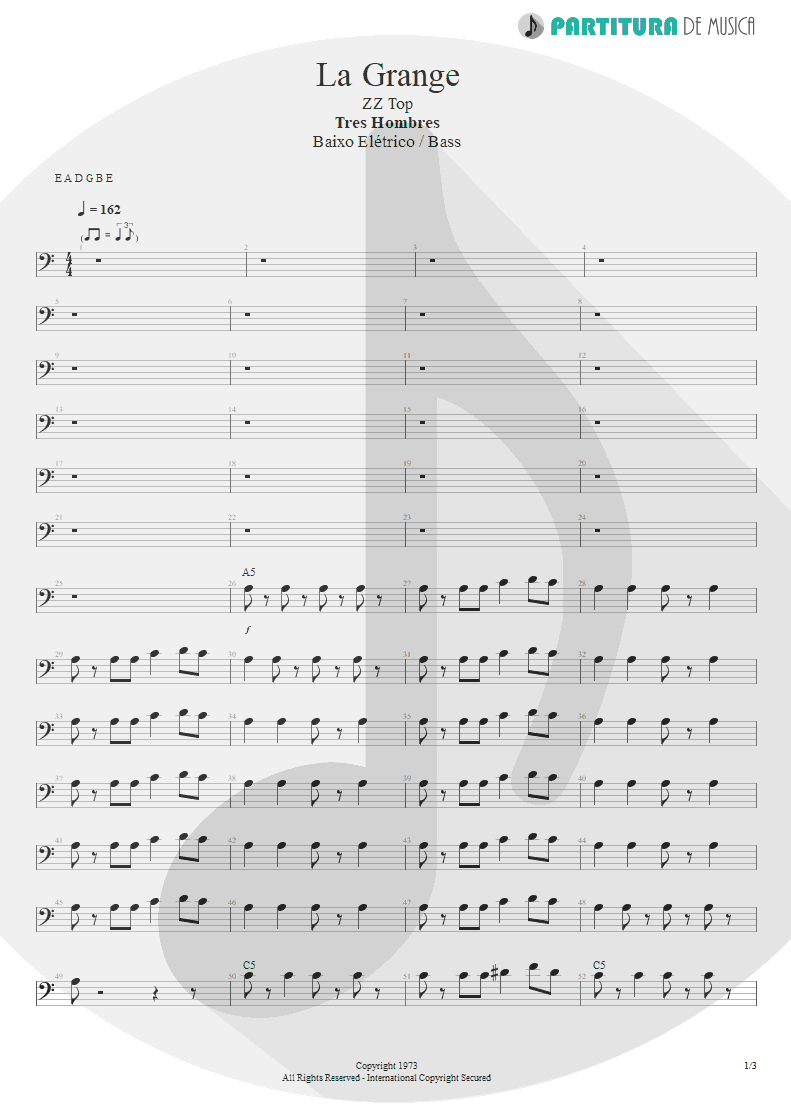 Partitura de musica de Baixo Elétrico - La Grange | ZZ Top | Tres Hombres 1973 - pag 1