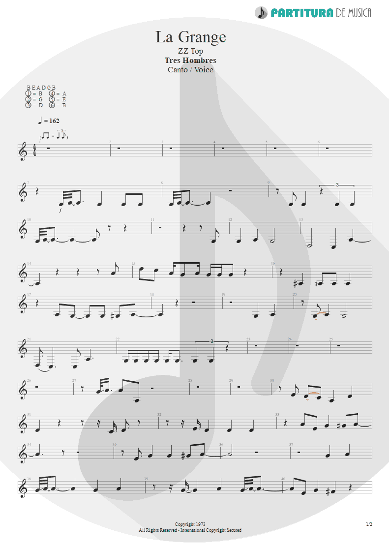 Partitura de musica de Canto - La Grange | ZZ Top | Tres Hombres 1973 - pag 1