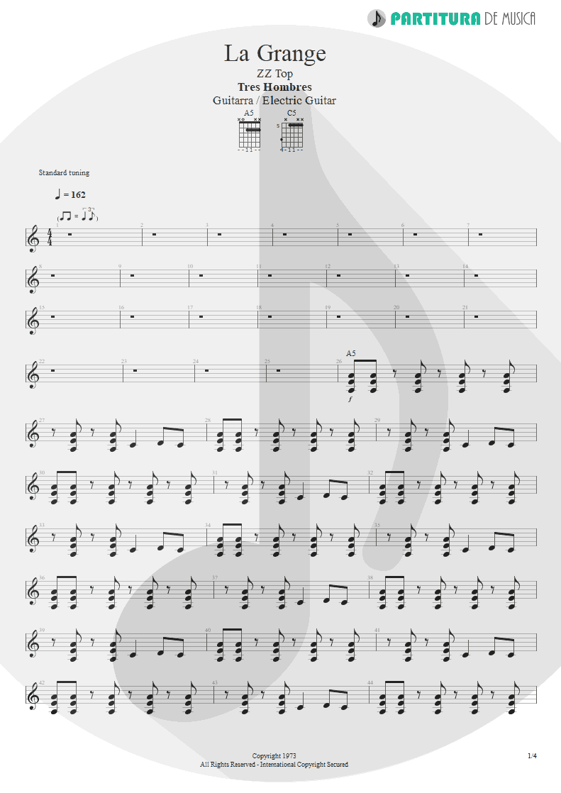 Partitura de musica de Guitarra Elétrica - La Grange | ZZ Top | Tres Hombres 1973 - pag 1