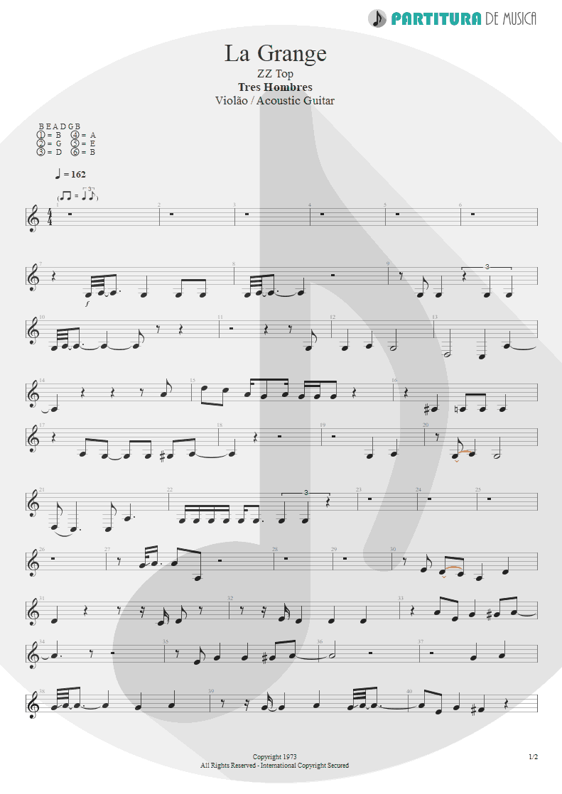 Partitura de musica de Violão - La Grange | ZZ Top | Tres Hombres 1973 - pag 1