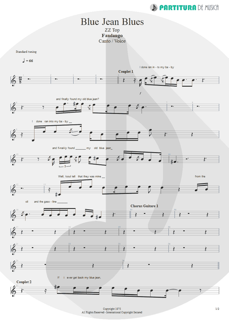 Partitura de musica de Canto - Blue Jean Blues | ZZ Top | Fandango! 1975 - pag 1