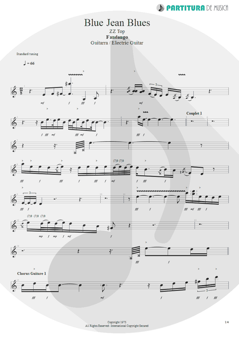 Partitura de musica de Guitarra Elétrica - Blue Jean Blues | ZZ Top | Fandango! 1975 - pag 1