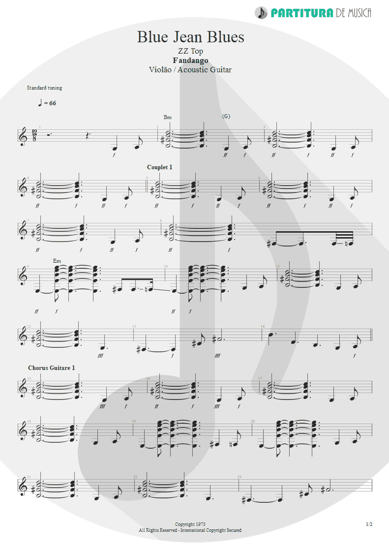 Partitura de musica de Violão - Blue Jean Blues | ZZ Top | Fandango! 1975 - pag 1