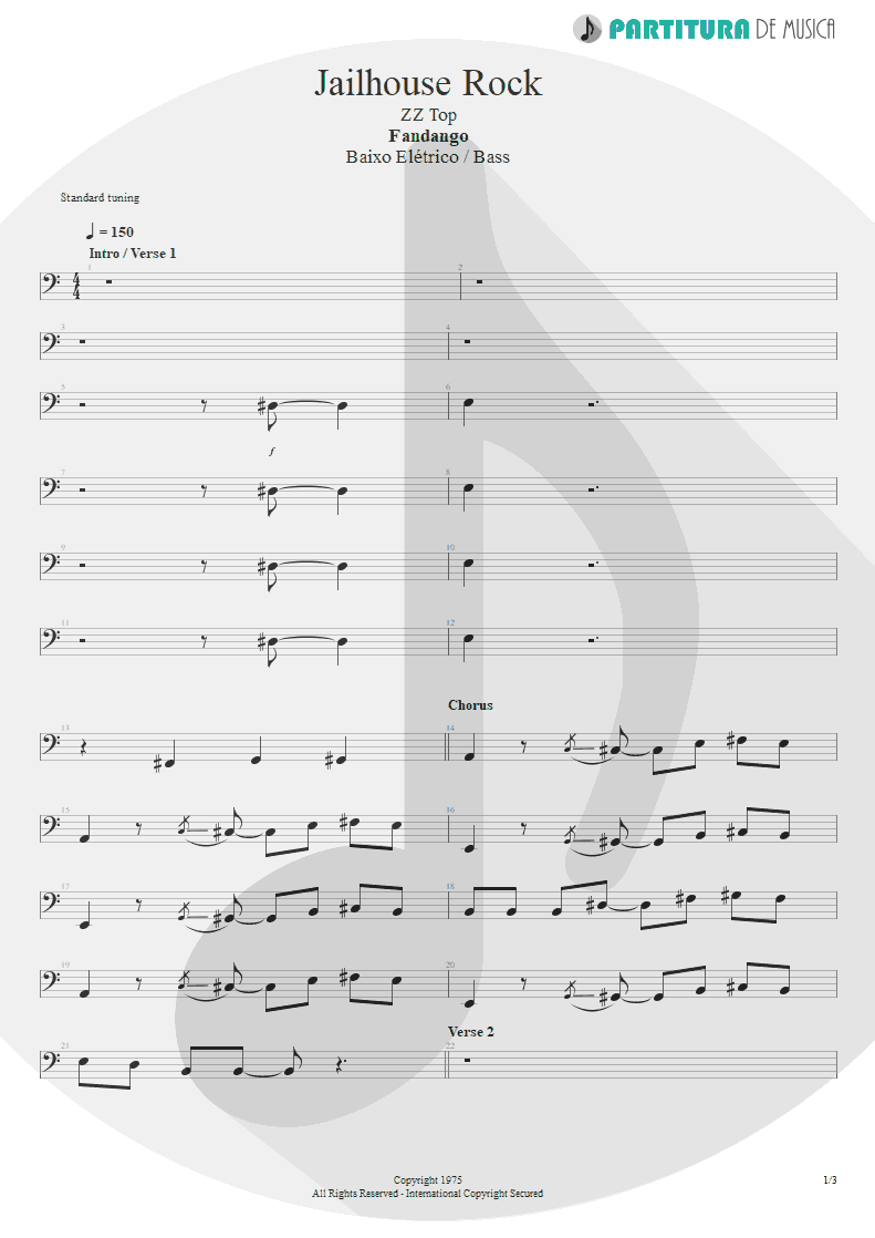 Partitura de musica de Baixo Elétrico - Jailhouse Rock | ZZ Top | Fandango! 1975 - pag 1