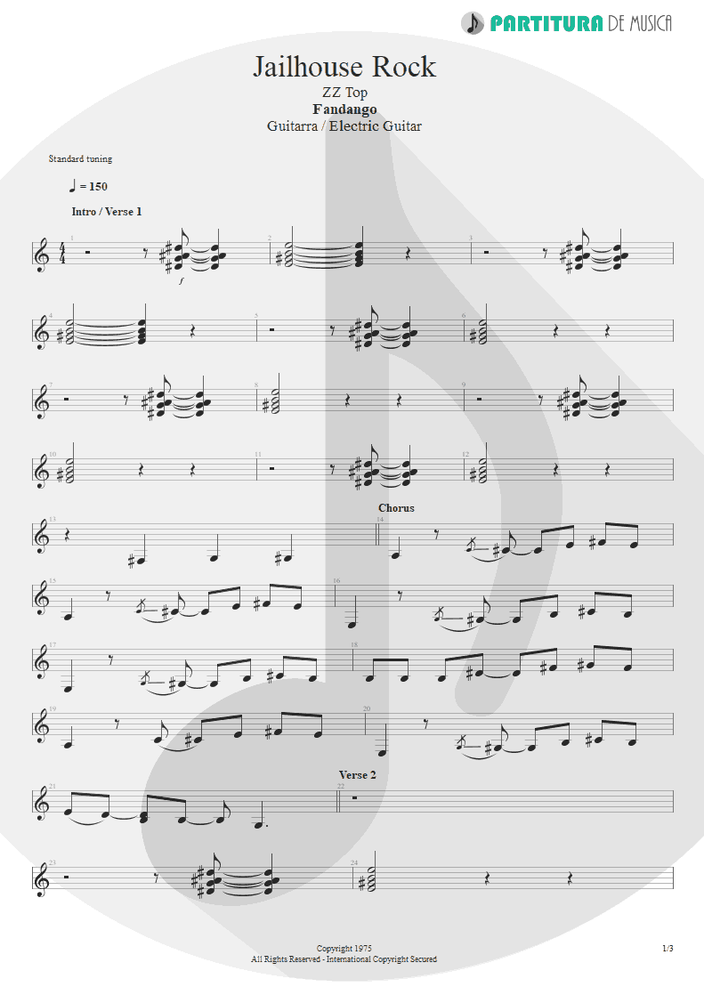 Partitura de musica de Guitarra Elétrica - Jailhouse Rock | ZZ Top | Fandango! 1975 - pag 1
