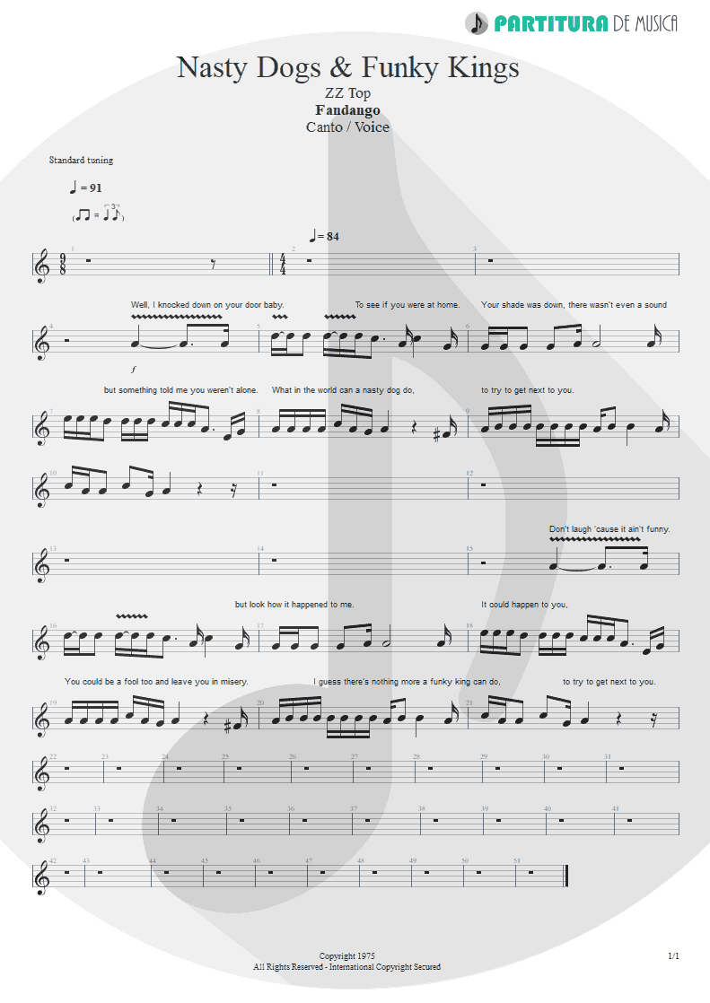Partitura de musica de Canto - Nasty Dogs & Funky Kings | ZZ Top | Fandango! 1975 - pag 1