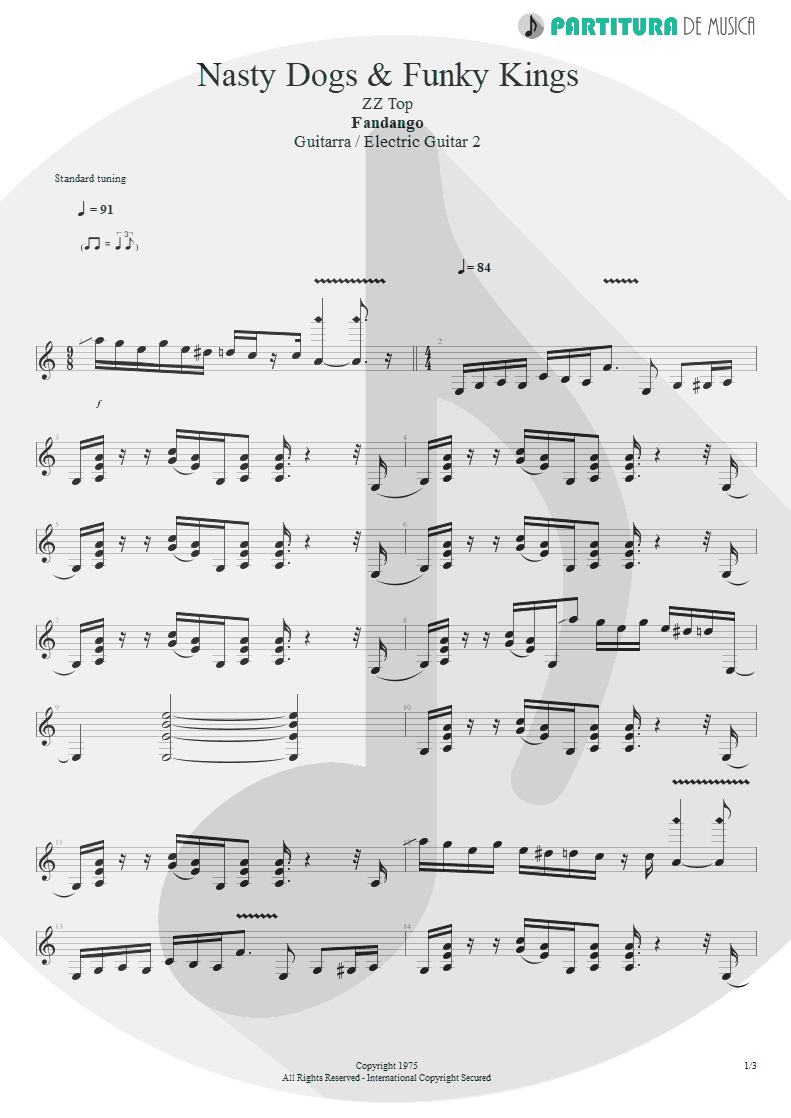 Partitura de musica de Guitarra Elétrica - Nasty Dogs & Funky Kings | ZZ Top | Fandango! 1975 - pag 1