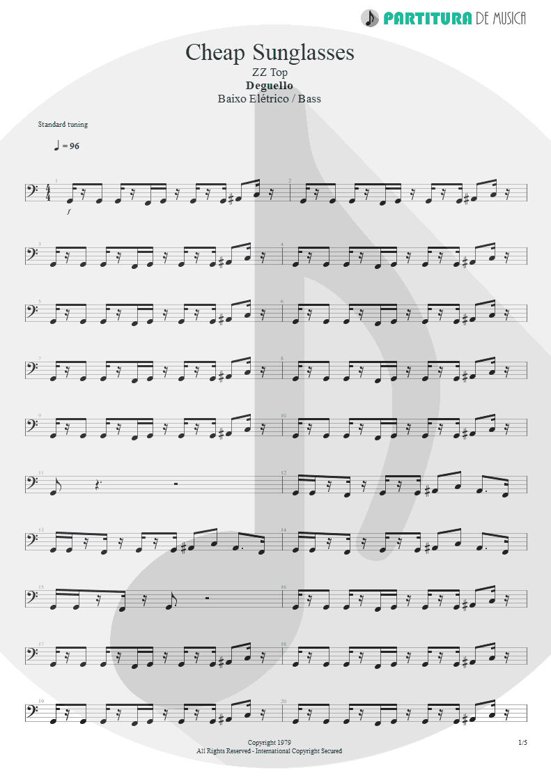 Partitura de musica de Baixo Elétrico - Cheap Sunglasses | ZZ Top | Degüello 1979 - pag 1