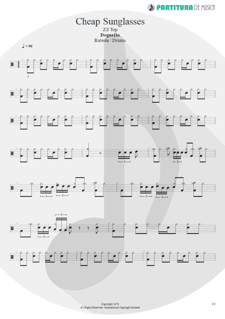 Partitura de musica de Bateria - Cheap Sunglasses | ZZ Top | Degüello 1979 - pag 1