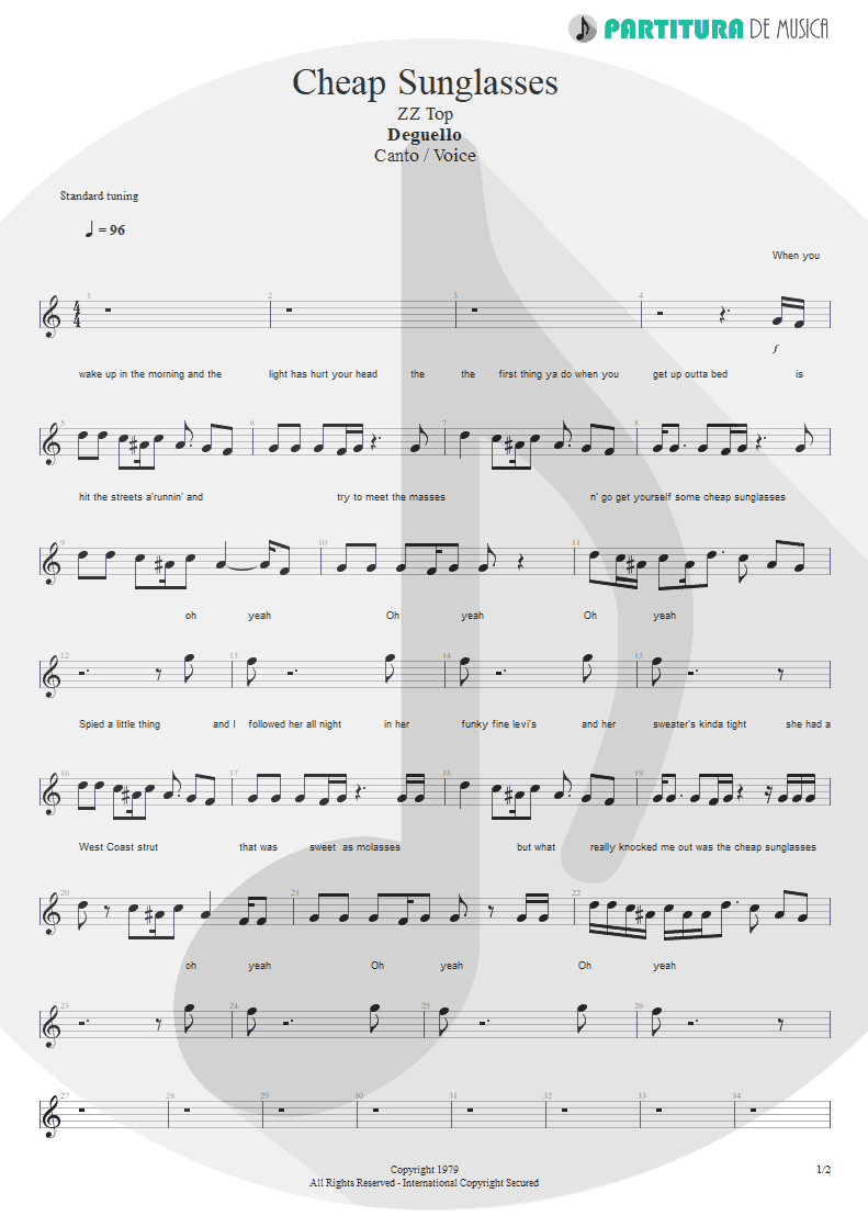 Partitura de musica de Canto - Cheap Sunglasses | ZZ Top | Degüello 1979 - pag 1