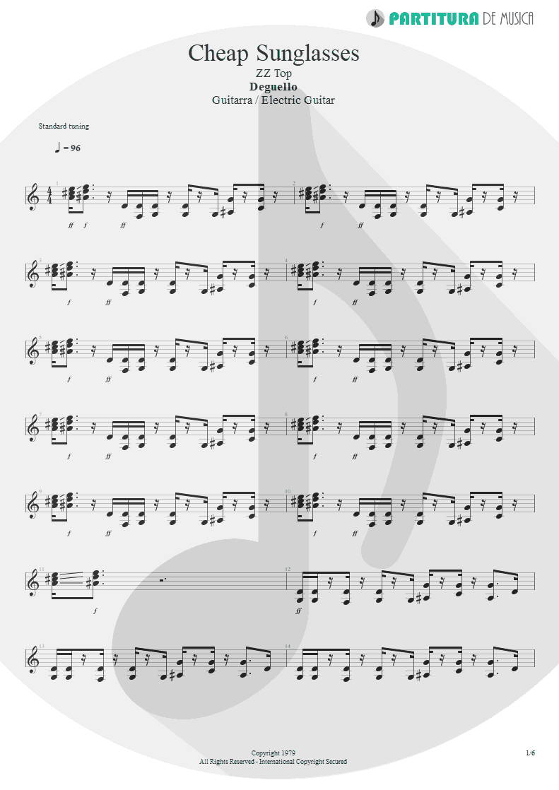 Partitura de musica de Guitarra Elétrica - Cheap Sunglasses | ZZ Top | Degüello 1979 - pag 1
