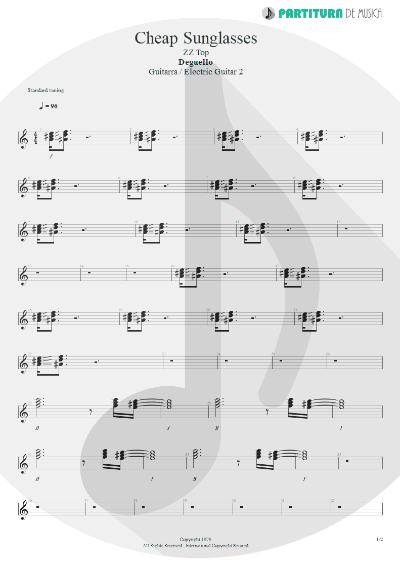 Partitura de musica de Guitarra Elétrica - Cheap Sunglasses | ZZ Top | Degüello 1979 - pag 1