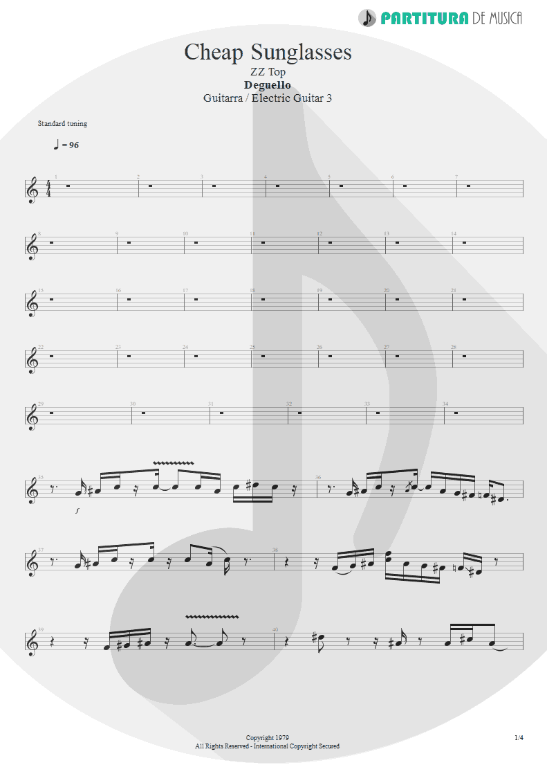 Partitura de musica de Guitarra Elétrica - Cheap Sunglasses | ZZ Top | Degüello 1979 - pag 1