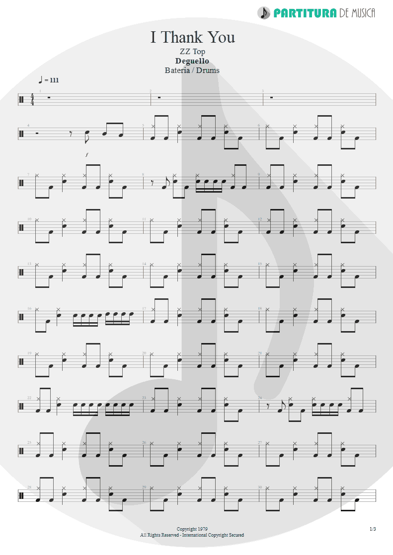 Partitura de musica de Bateria - I Thank You | ZZ Top | Degüello 1979 - pag 1