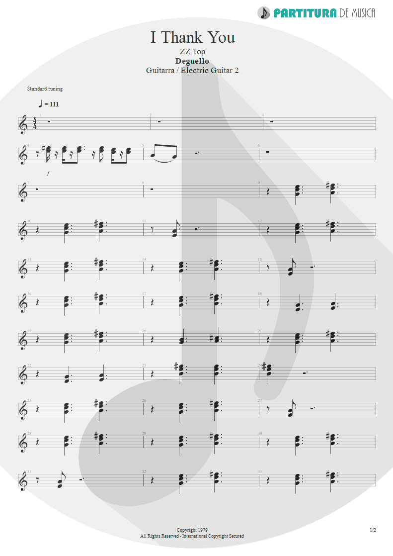 Partitura de musica de Guitarra Elétrica - I Thank You | ZZ Top | Degüello 1979 - pag 1