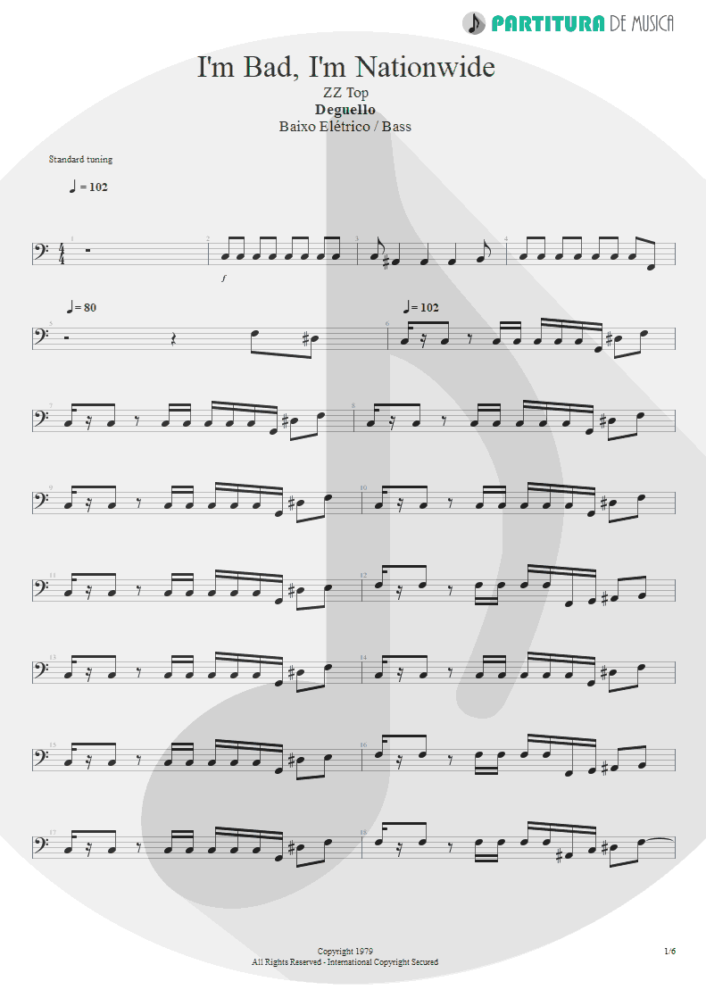 Partitura de musica de Baixo Elétrico - I'm Bad, I'm Nationwide | ZZ Top | Degüello 1979 - pag 1