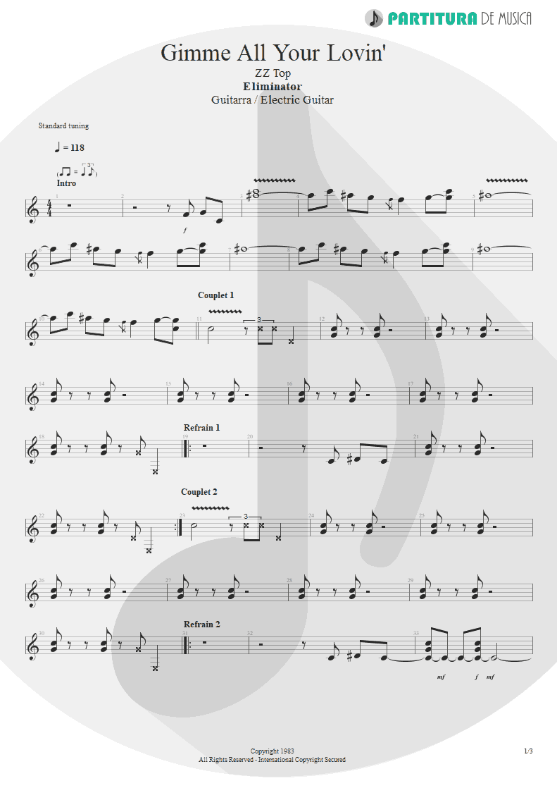 Partitura de musica de Guitarra Elétrica - Gimme All Your Lovin' | ZZ Top | Eliminator 1983 - pag 1