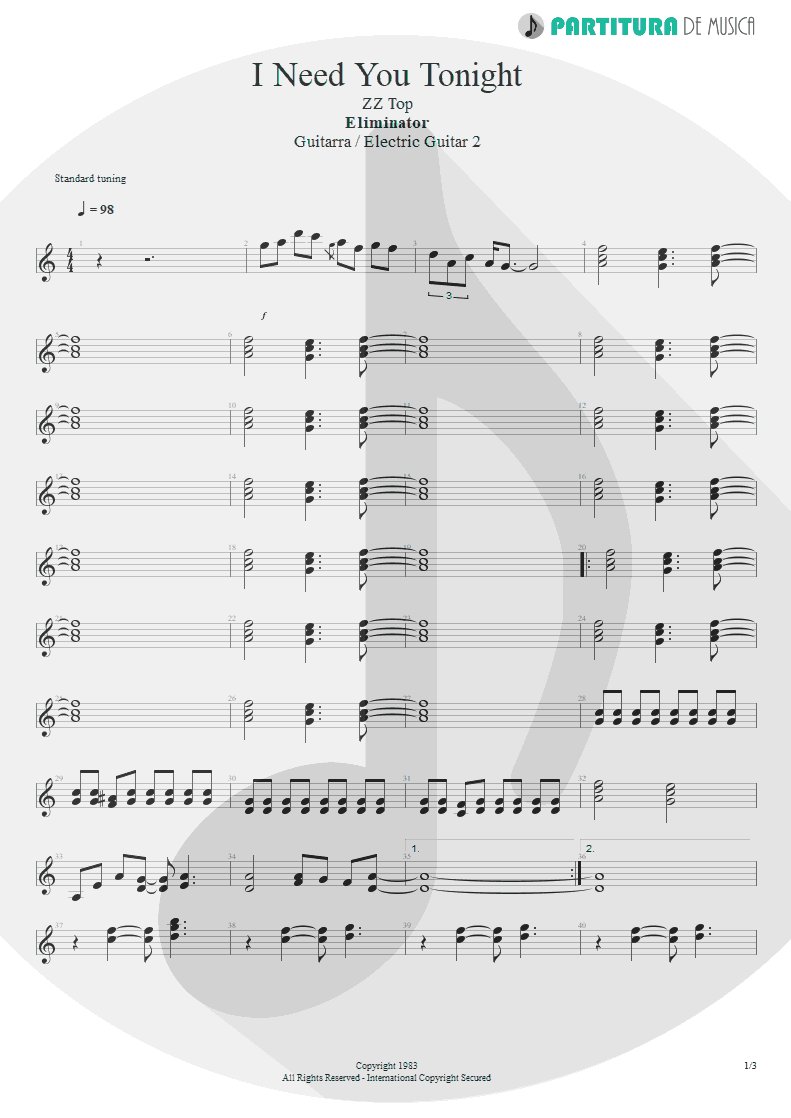 Partitura de musica de Guitarra Elétrica - I Need You Tonight | ZZ Top | Eliminator 1983 - pag 1