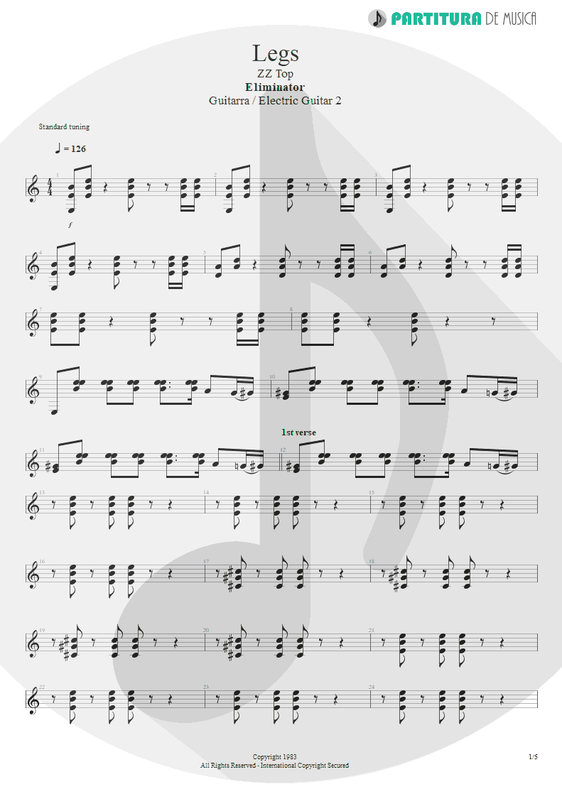 Partitura de musica de Guitarra Elétrica - Legs | ZZ Top | Eliminator 1983 - pag 1