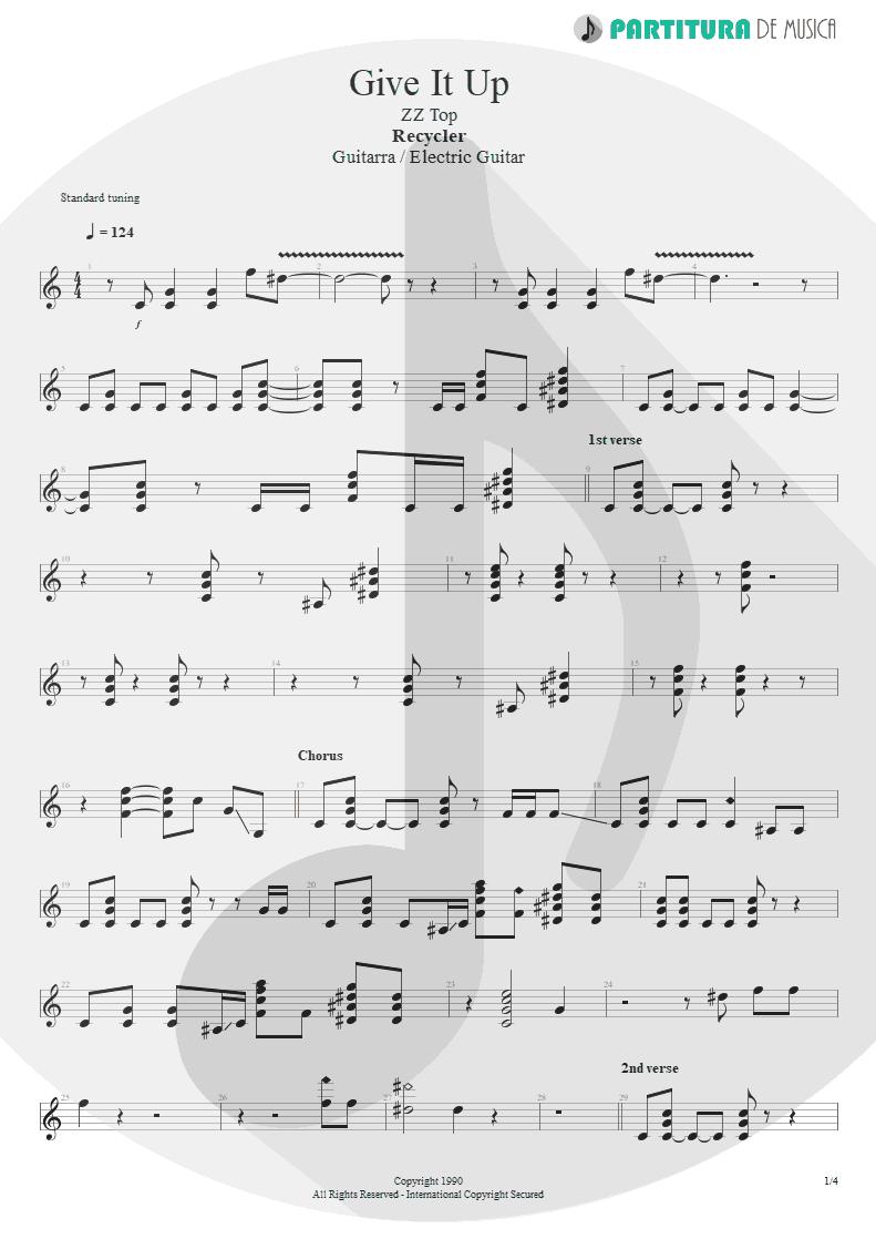 Partitura de musica de Guitarra Elétrica - Give It Up | ZZ Top | Recycler 1990 - pag 1
